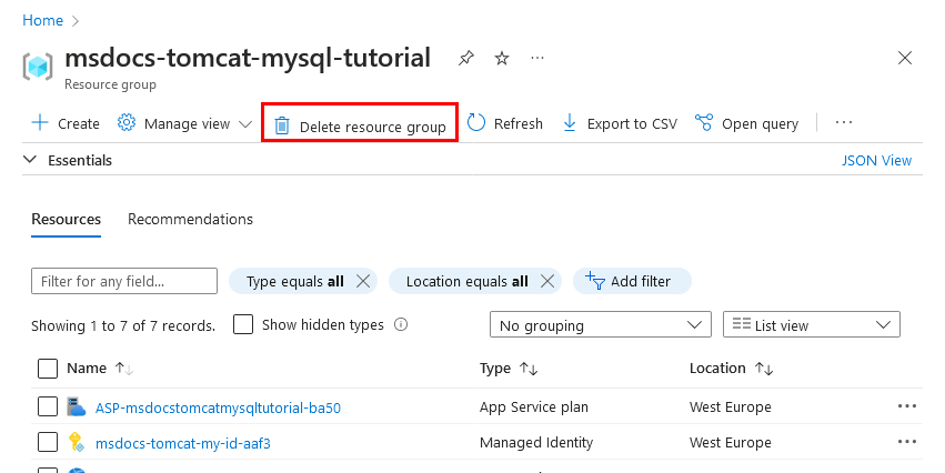 A screenshot showing the location of the **Delete Resource Group** button in the Azure portal.