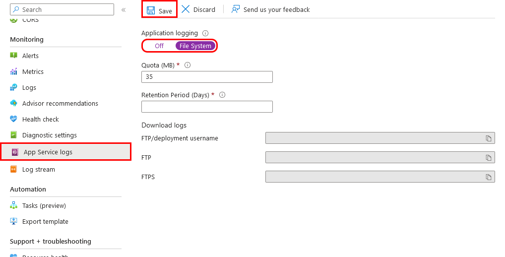 A screenshot showing how to enable native logs in App Service in the Azure portal.