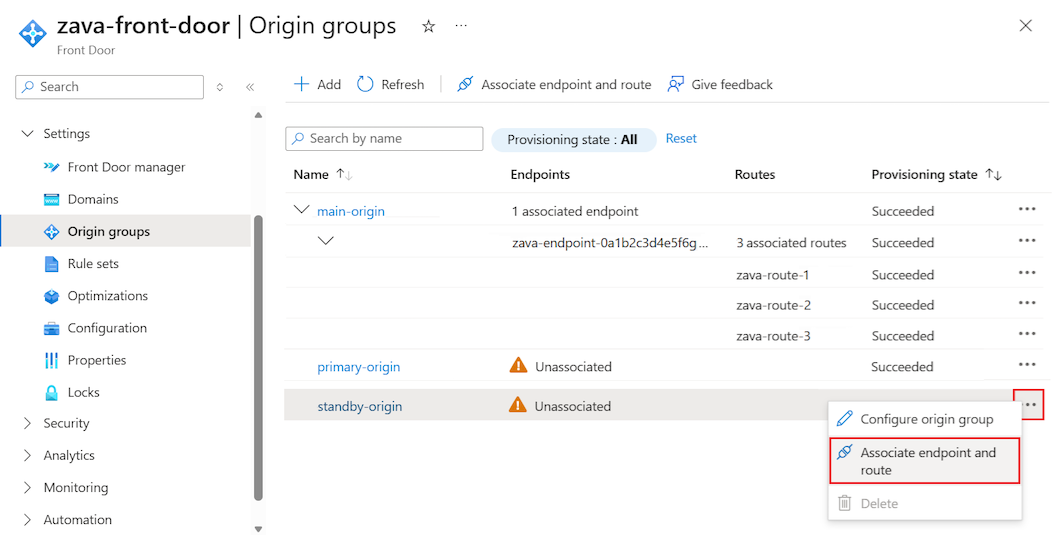 Screenshot that shows how to select the 'Associate endpoint and route' option for an origin group.