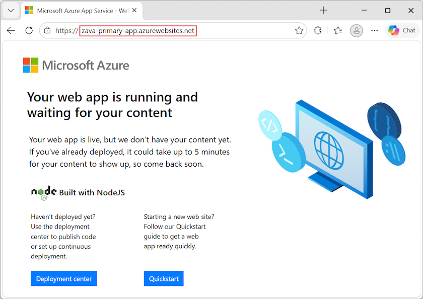 Screenshot of the browser message for a successful connection to an App Service app by using the host name.