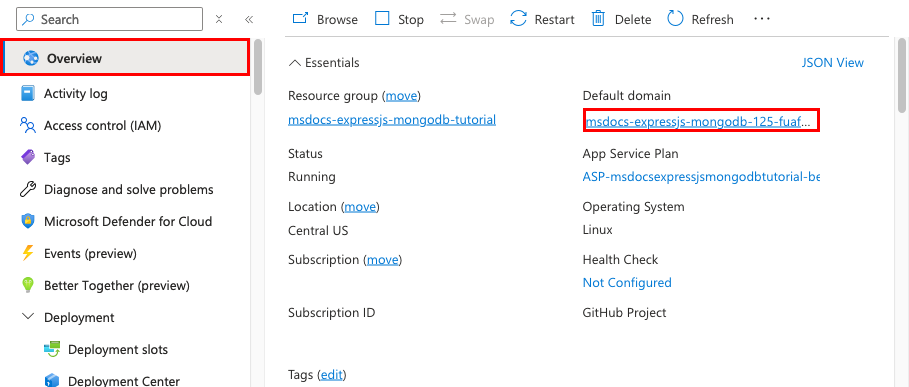 A screenshot showing how to launch an App Service from the Azure portal.