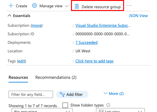 A screenshot showing the location of the Delete Resource Group button in the Azure portal.