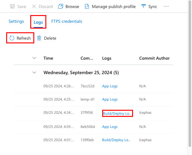 A screenshot showing how to open deployment logs in the deployment center.