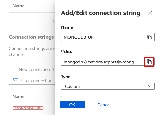 A screenshot showing how to see the autogenerated connection string.