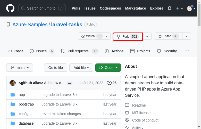 A screenshot showing how to create a fork of the sample GitHub repository.