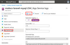 A screenshot showing how to enable native logs in App Service in the Azure portal.