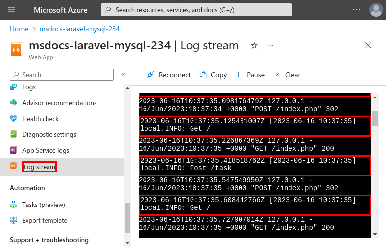 A screenshot showing how to view the log stream in the Azure portal.