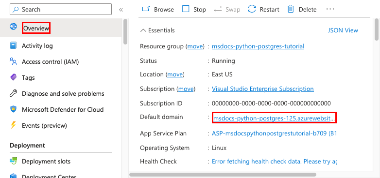 A screenshot showing how to launch an App Service from the Azure portal (Django).