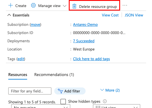 A screenshot showing the location of the Delete Resource Group button in the Azure portal.