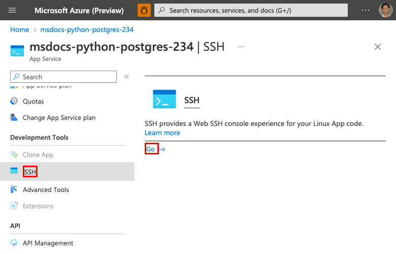 A screenshot showing how to open the SSH shell for your app from the Azure portal (Flask).