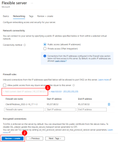 A screenshot showing adding current IP as a firewall rule for the PostgreSQL Flexible server in the Azure portal.