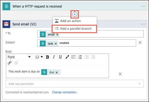 Screenshot that shows the + sign and Add a parallel branch option highlighted.