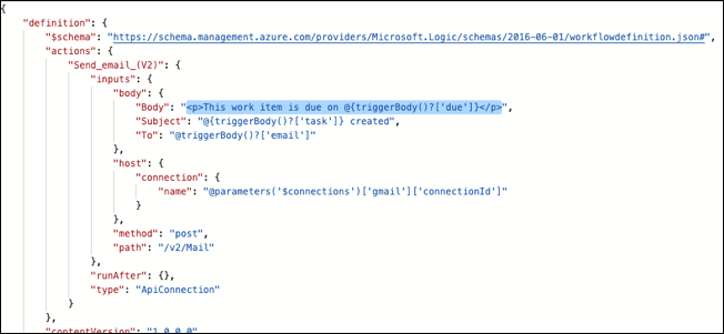 Screenshot that shows the code view for viewing H T M L content directly in the email body.