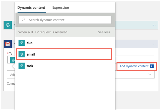 Screenshot that shows the email option and Add dynamic contention option highlighted.