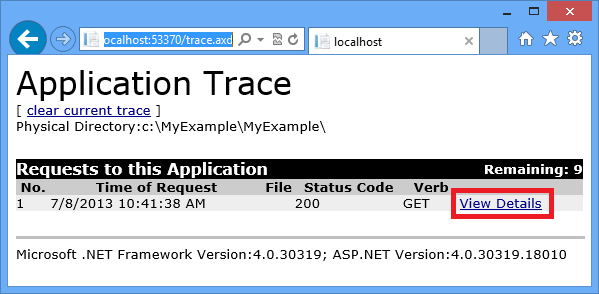 Screenshot of the Application Trace page in a web browser showing View Details selected on the first line.