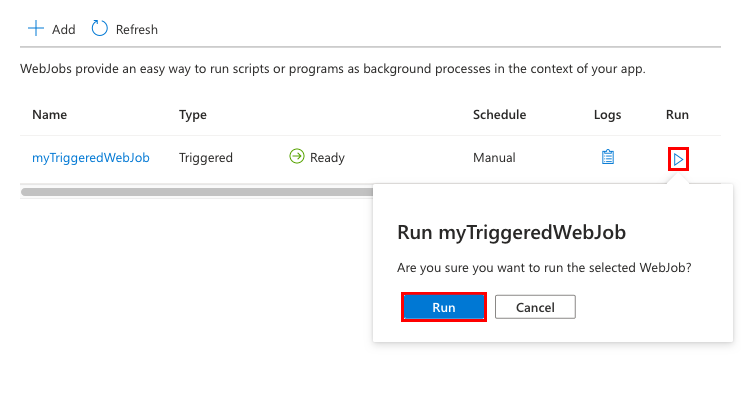 Screenshot that shows how to run a manually triggered WebJob in the Azure portal.