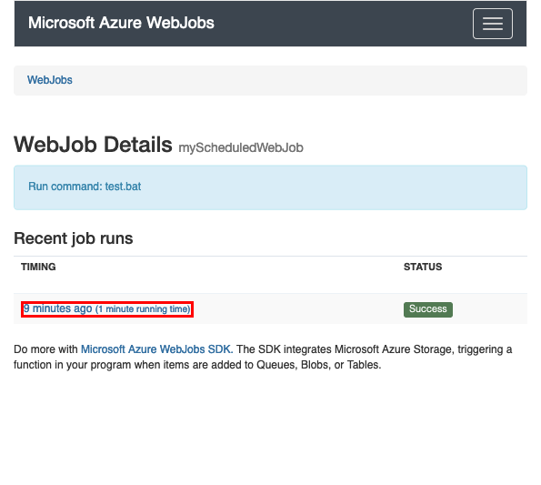 Screenshot that shows how to choose a WebJob run to see its detailed logs.