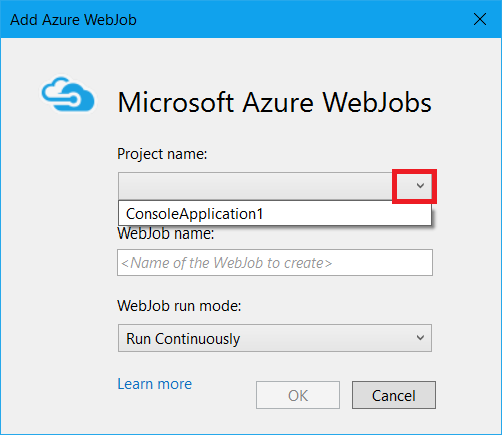 Selecting project in Add Azure WebJob dialog box