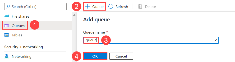 This image shows how to create a new Azure Storage Queue.