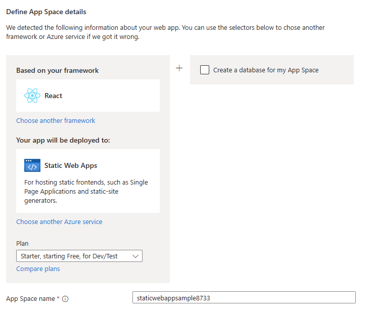 Screenshot showing autoselected service, framework, and plan in Define App Space details screen.