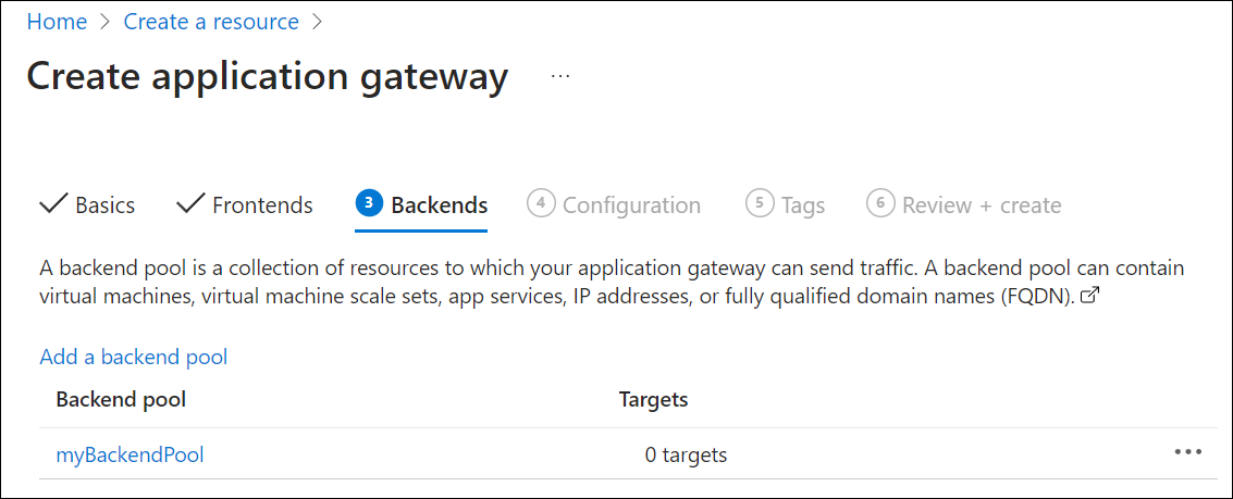 Screenshot of create new application gateway: backends.