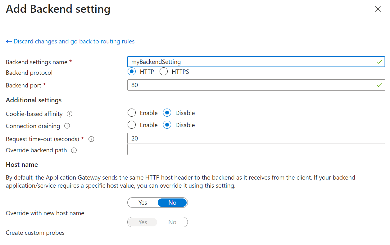 Screenshot of create new application gateway: backend setting.