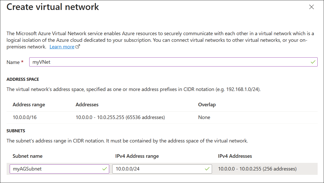 Screenshot of create new application gateway: virtual network.