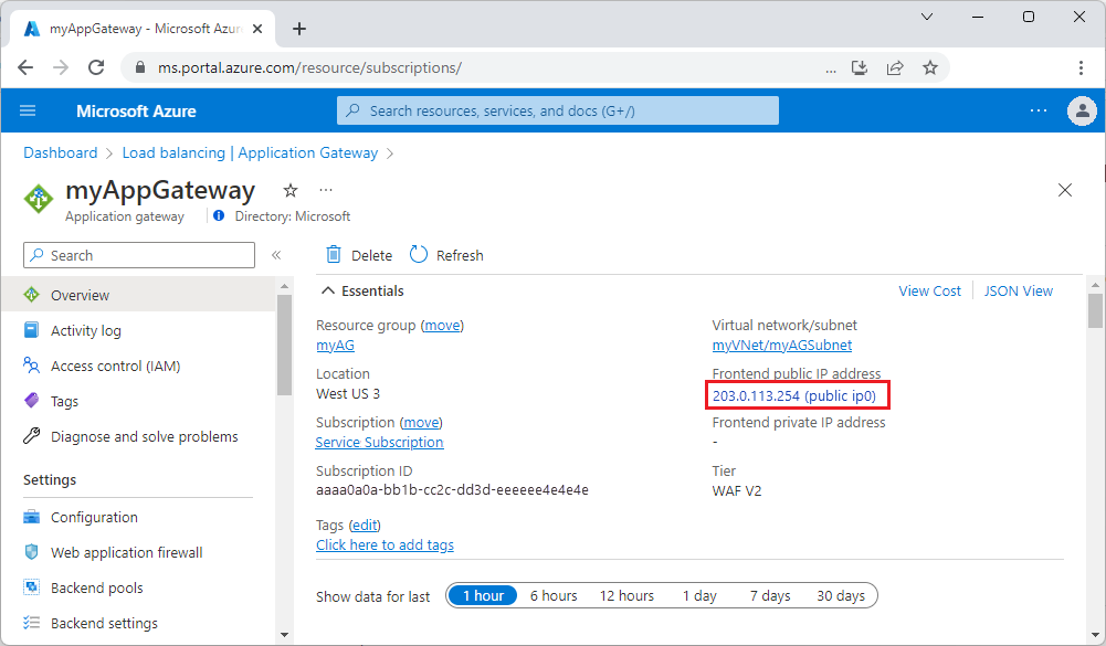 Screenshot that shows the application gateway public IP address.