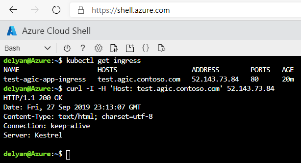 Screenshot of the Bash window in Azure Cloud Shell showing a cURL command successfully establishing an HTTP connection to the test app.