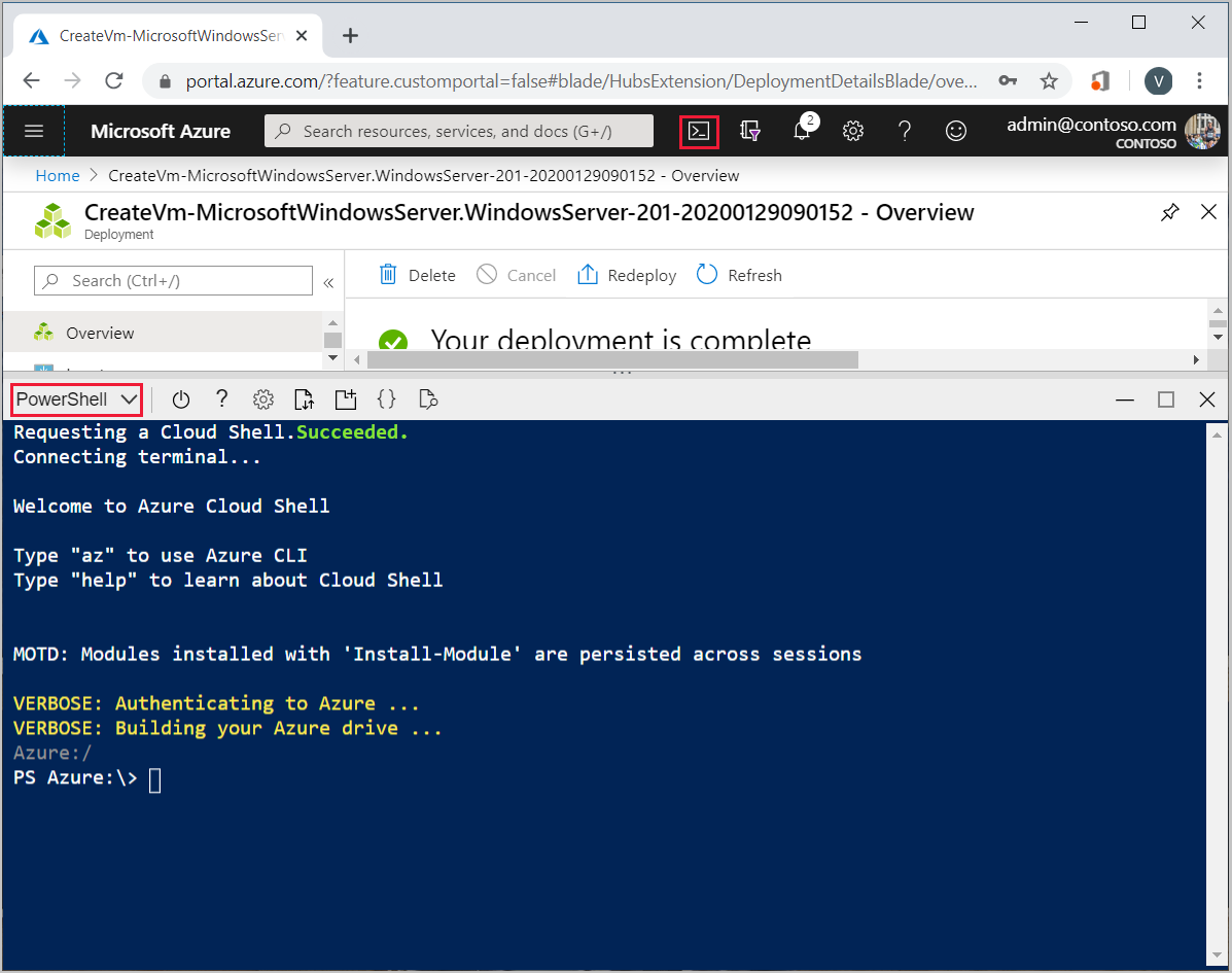 Screenshot shows an open Azure Cloud Shell console window that uses PowerShell.