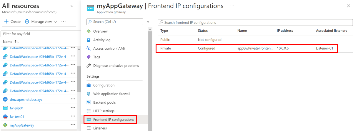 Frontend IP configurations pane with the Private type highlighted.
