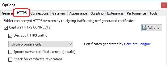 Screenshot shows Options in Fiddler with H T T P selected and Decrypt HTTPS traffic selected.