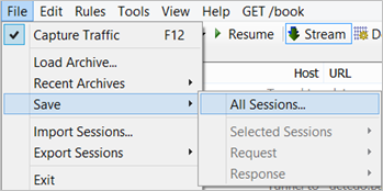 Screenshot shows the File Save All Sessions option selected.