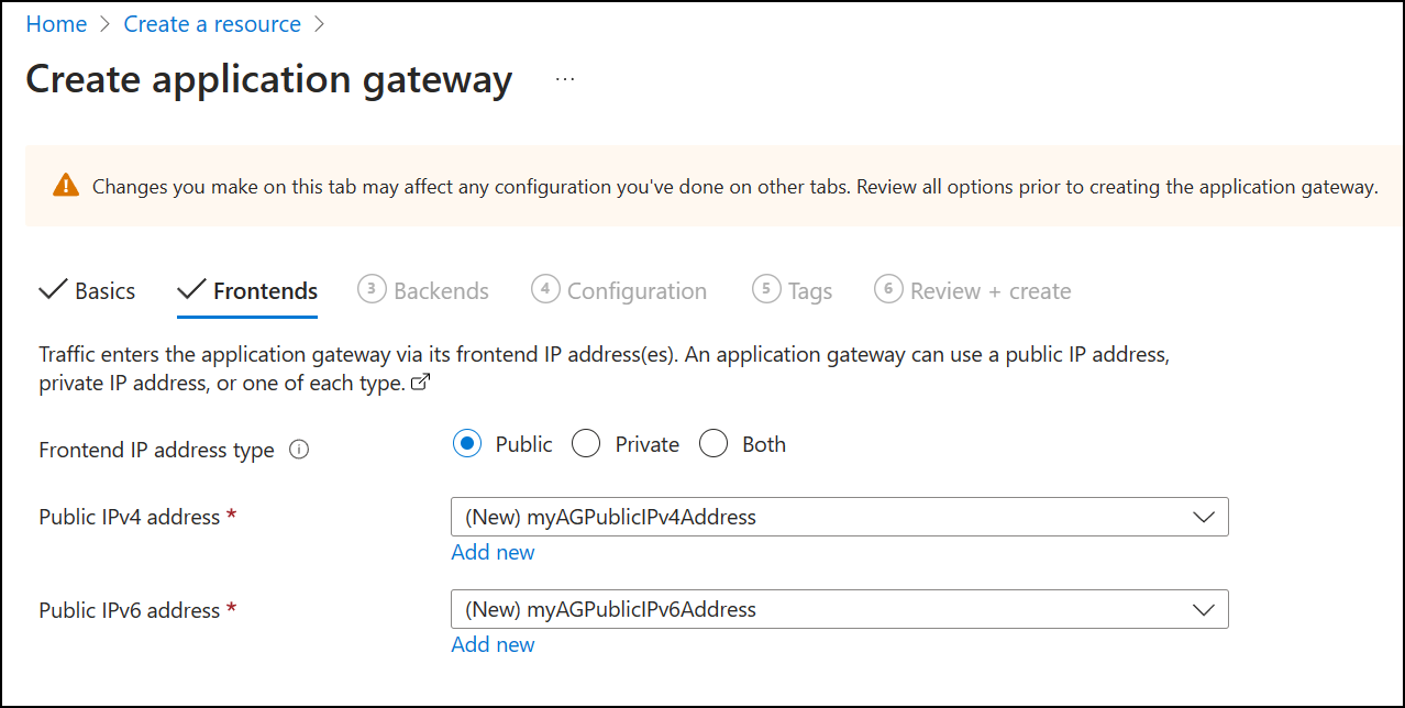 A screenshot of create new application gateway: frontends.