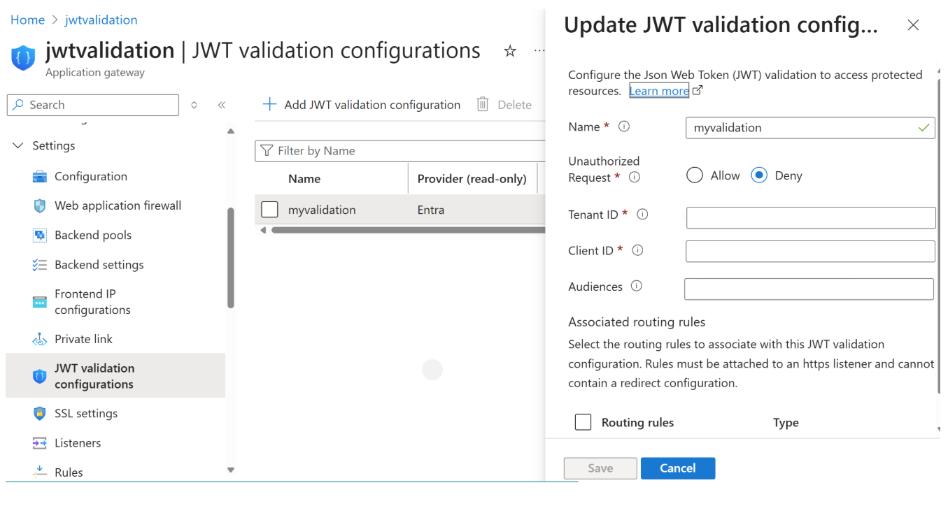 Screenshot of JSON Web Token configuration window for Application Gateway.