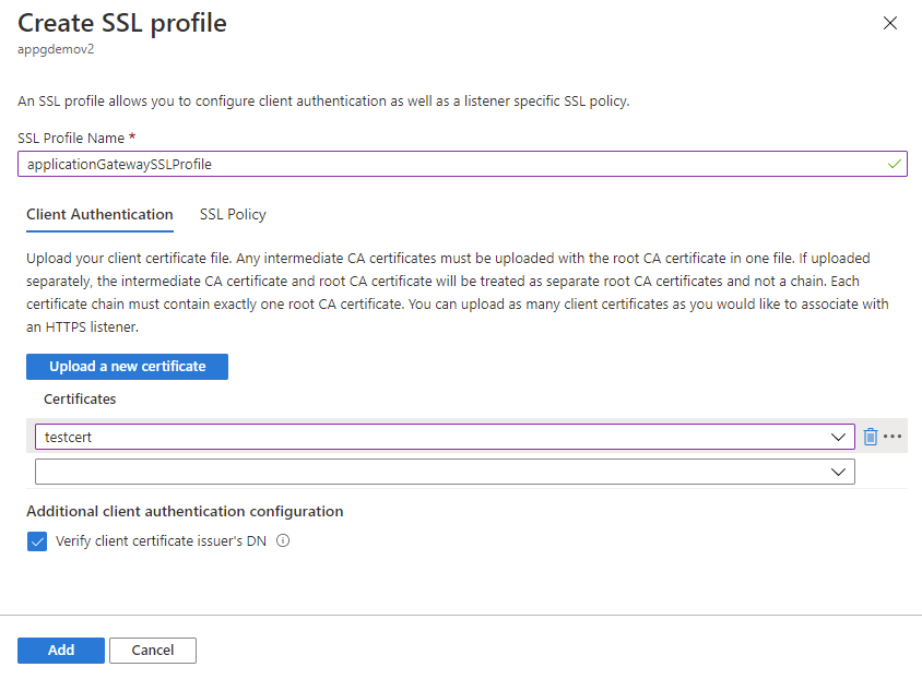 Add client authentication to SSL profile