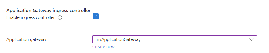 Screenshot showing how to enable application gateway ingress controller from the networking page of the Azure Kubernetes Service.