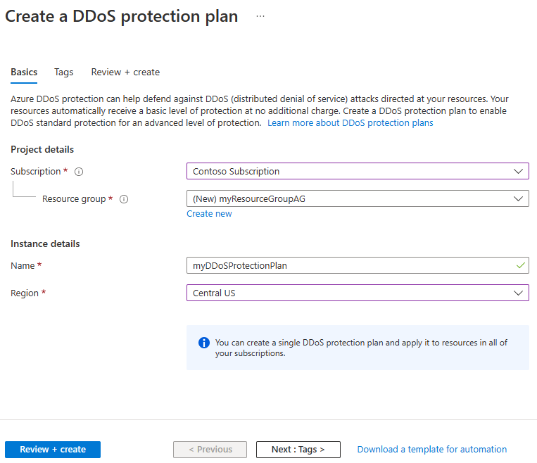 Screenshot of basics tab for creating a DDoS protection plan.