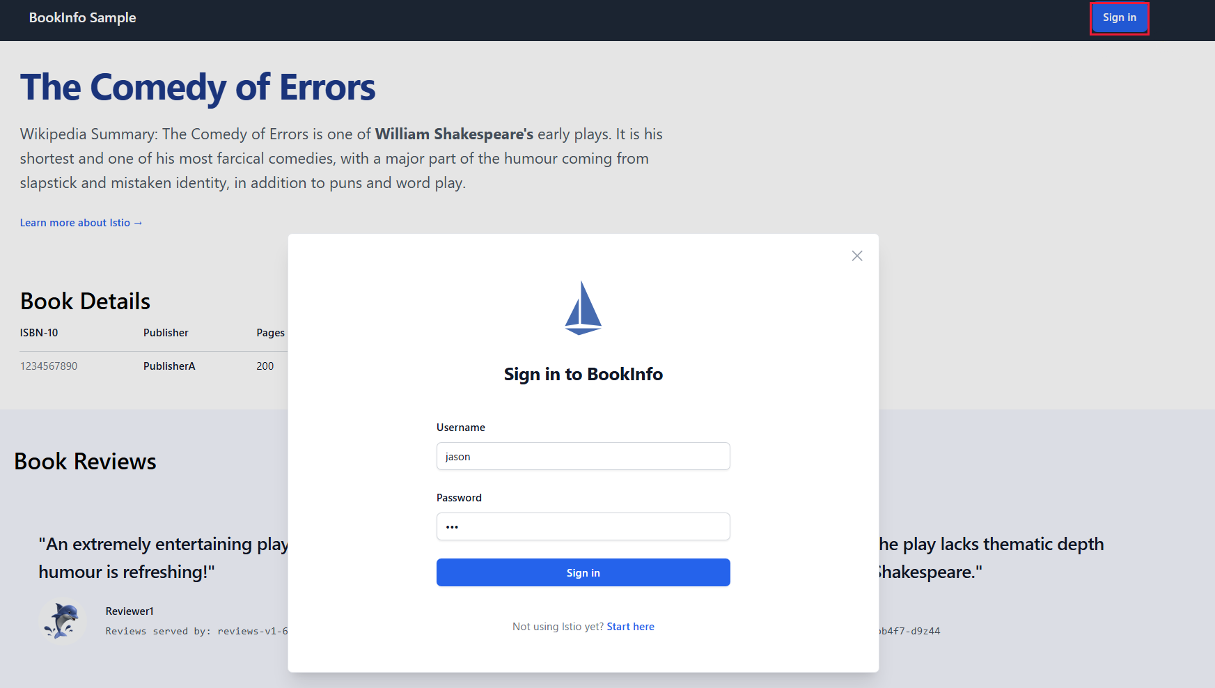 Screenshot of the sign in page of the Book Info sample application.