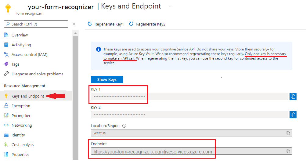 Screenshot: Azure portal keys and endpoint page.