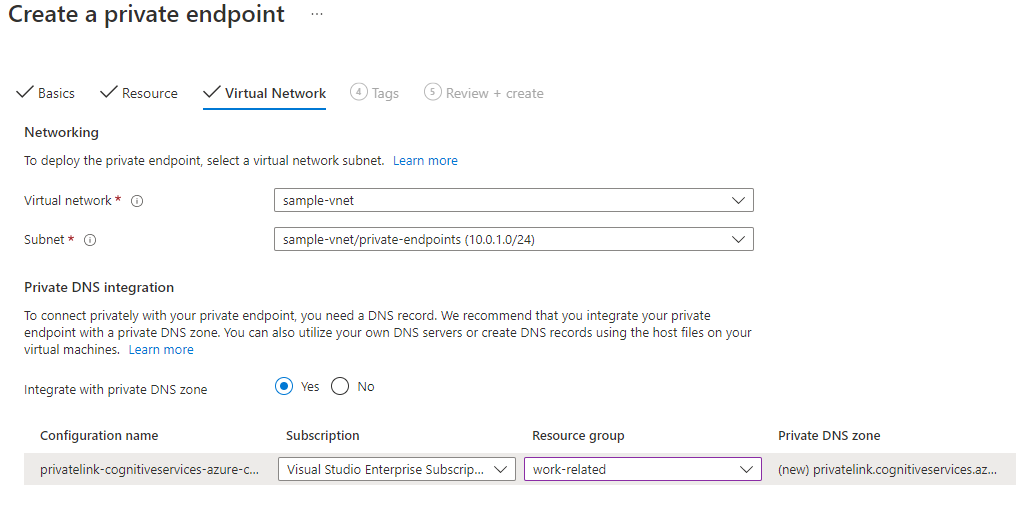 Screenshot showing how to configure private endpoint