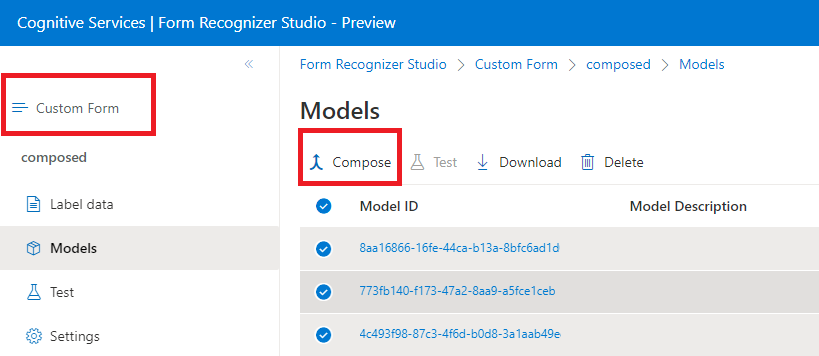 Screenshot: model configuration window in Form Recognizer Studio.