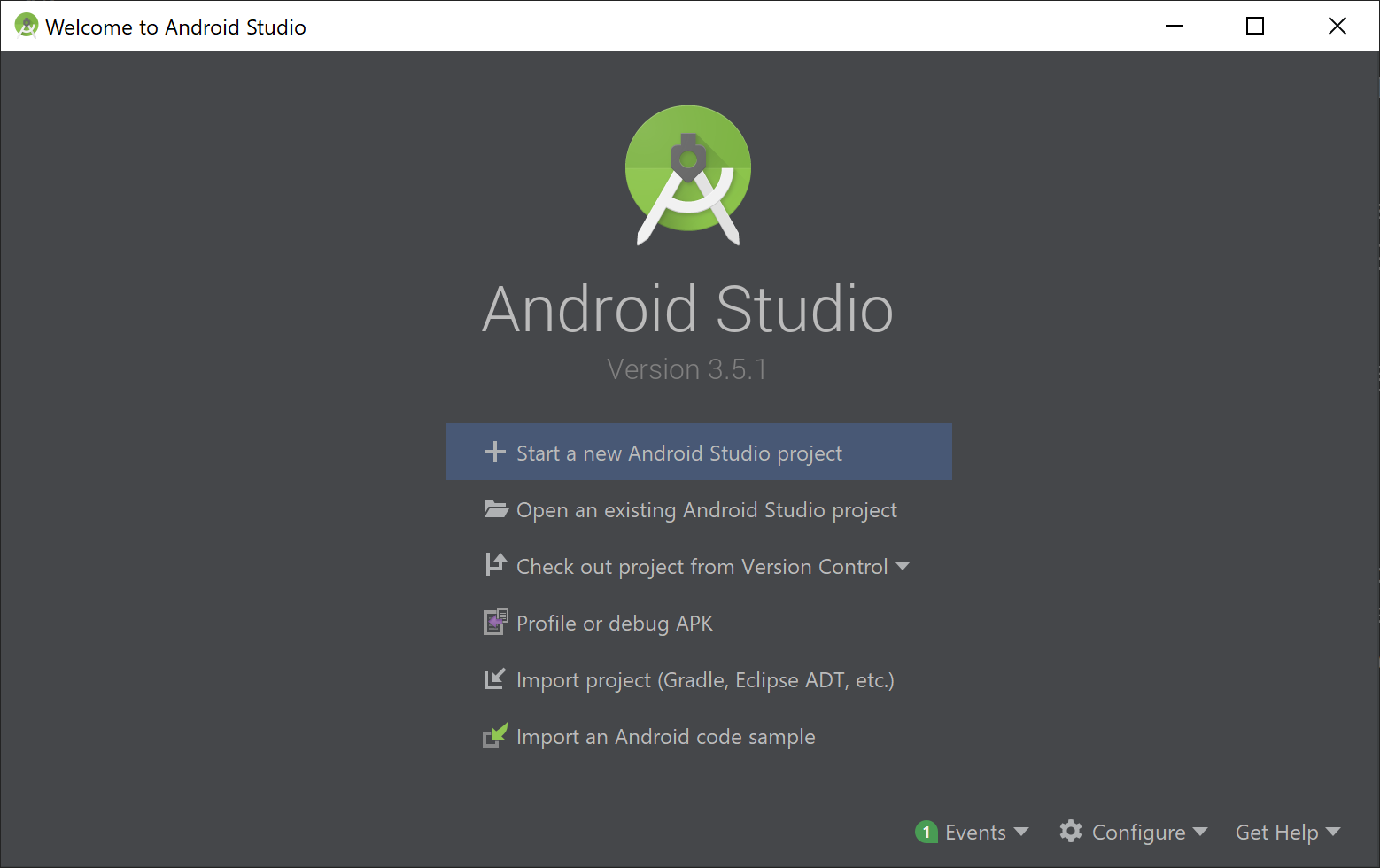 Screenshot of the Start new project option in Android Studio.