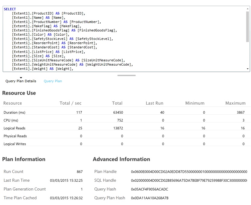The Query Details pane in the Windows Azure SQL Database management portal