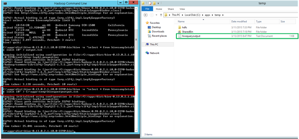 Screenshot shows the output of the Hive query in a Hadoop Command Line window.