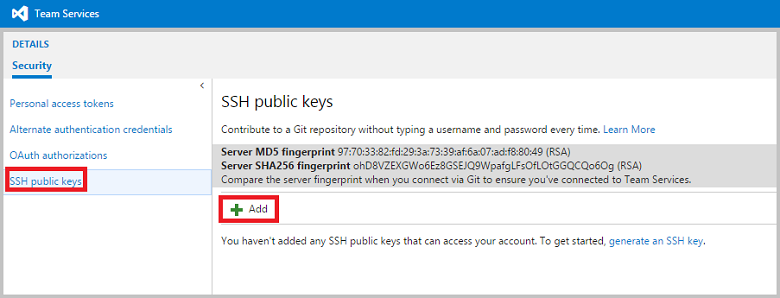 Click SSH public keys and then click +Add