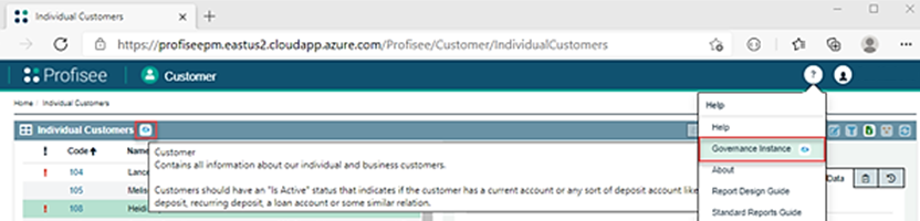 Screenshot of the Profisee portal. Information about customers is visible. On the Help menu, Governance instance is highlighted.