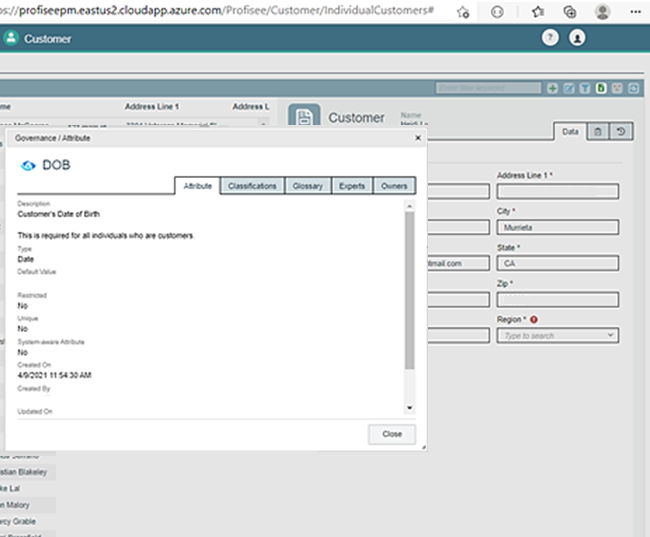 Screenshot of the Profisee portal. On the Customer page, a dialog provides detailed information about the date of birth attribute.