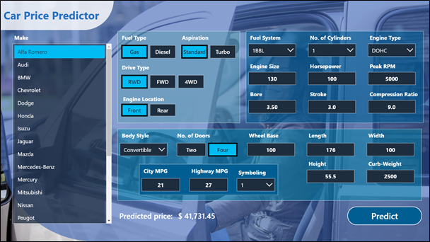 Screenshot that shows the UI controls, like buttons, and drop-down lists for the user to enter car data.