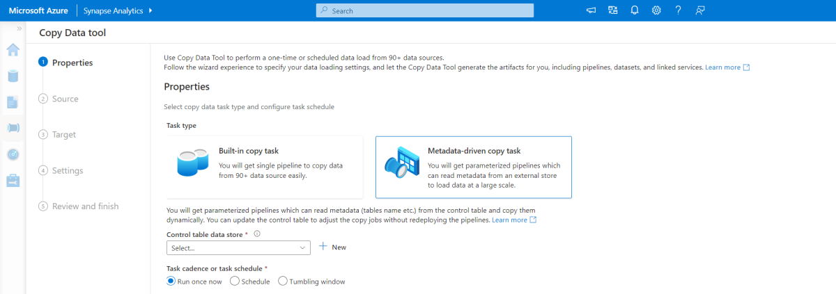 Screenshot of metadata-driven copy data tool in Synapse Analytics.